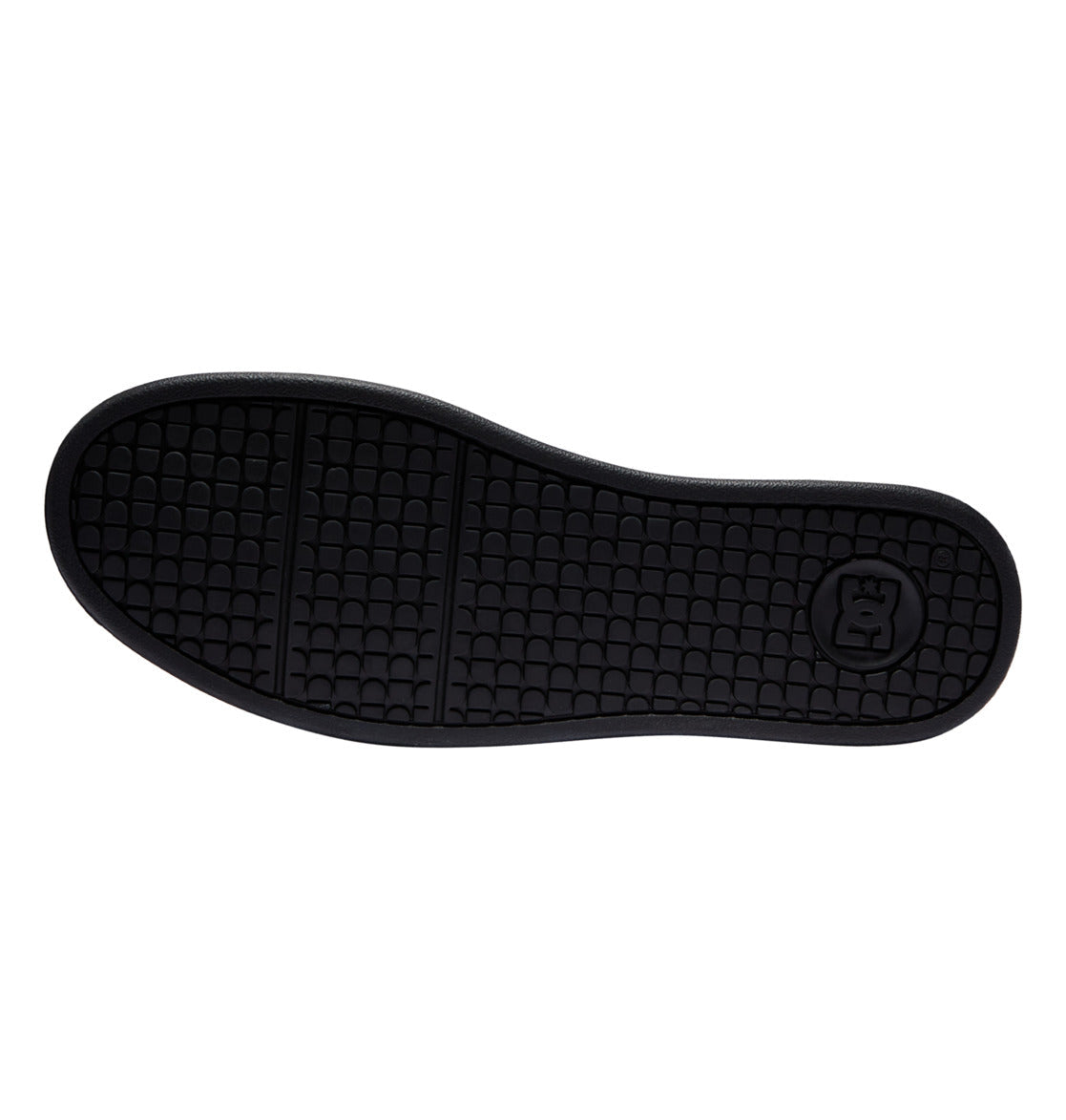 Black sole of the Men’s Net Shoes by DC Shoes, featuring a textured grid pattern and a circular logo with a crown near the heel, set against a white background—an iconic detail present on every pair crafted from durable materials by DC Shoes.