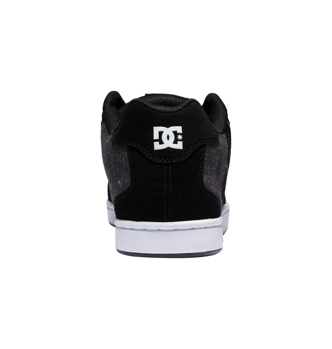A rear view of the DC Shoes Men’s Net Shoes in black is displayed, featuring a white sole and the DC Shoes logo in white on the heel, set against a plain white background.