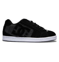 The DC Shoes Men’s Net Shoes feature a black and dark gray design with a prominent DC logo on the side, black laces, and a white rubber sole. Crafted from durable materials for long-lasting wear, this puffy sneaker is displayed from the side against a white background.