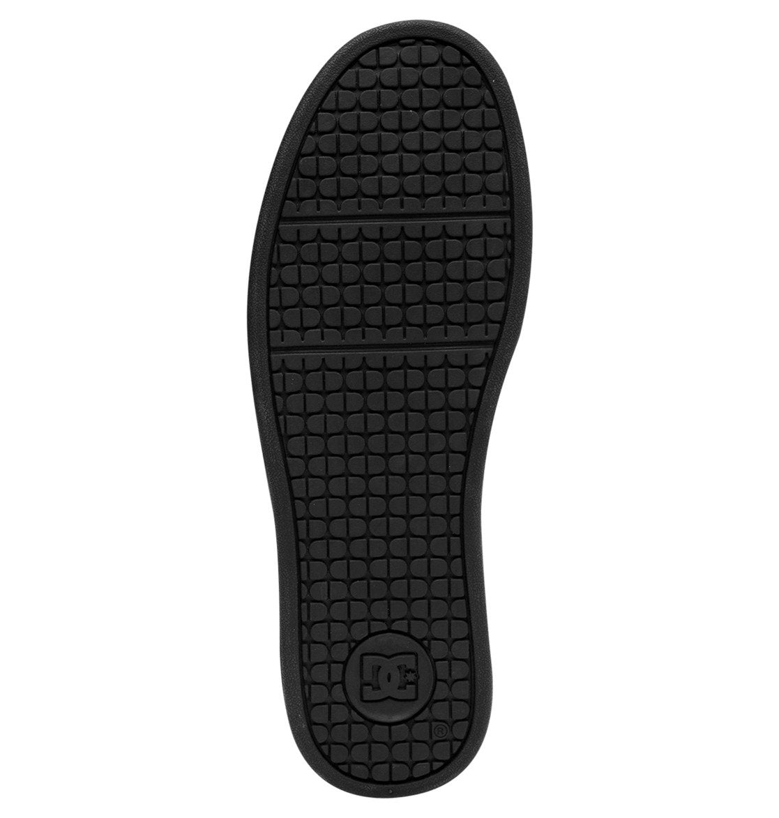 The black sole of the Men’s Net Shoes by DC Shoes features a textured, grid-like pattern with a horizontal groove across the midsection. Near the heel, an embossed circular DC logo highlights the iconic style of classic puffy DC sneakers.
