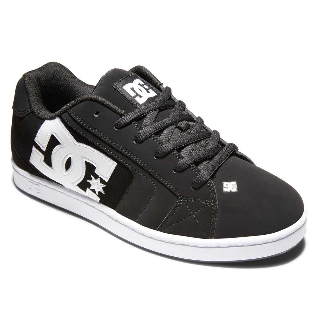 The Men’s Net Shoes from DC Shoes are black skate sneakers with white accents, showcasing a prominent DC logo on the side, constructed with durable materials, finished with black laces and a white sole—a classic DC puffy silhouette updated for everyday style.