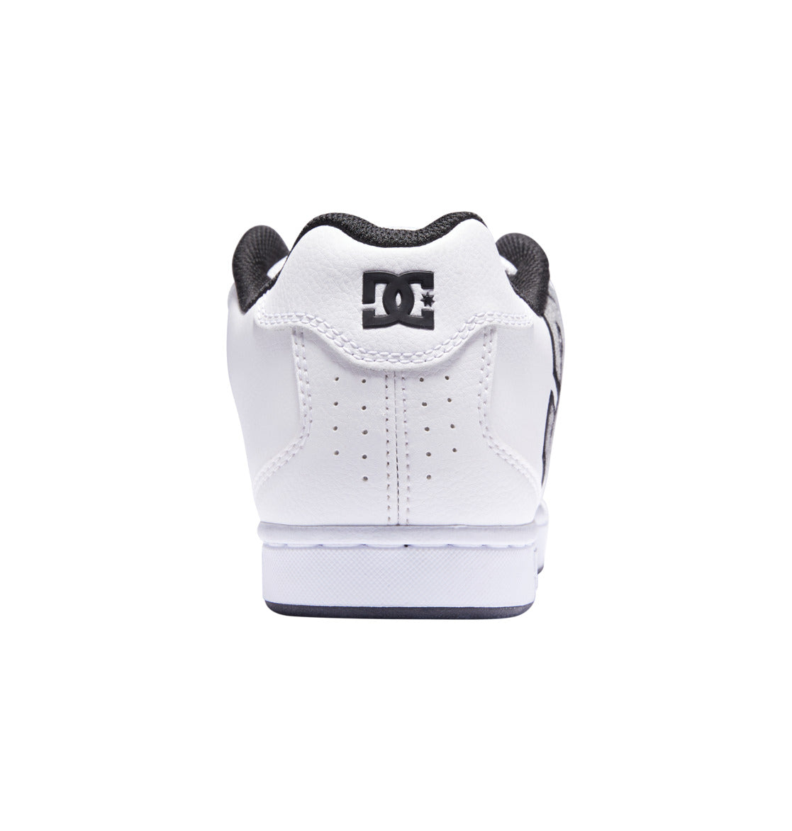 A men’s Net shoe by DC Shoes in white, viewed from the back and centered on a white background. It features bold branding with a black DC Shoes logo on the heel and has a black inner lining.