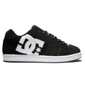 A side view of the Men’s Net Shoes by DC Shoes, featuring a black design crafted from durable materials, with a prominent white DC logo and star on the side, bold branding details, black laces, and a white sole, set against a white background.