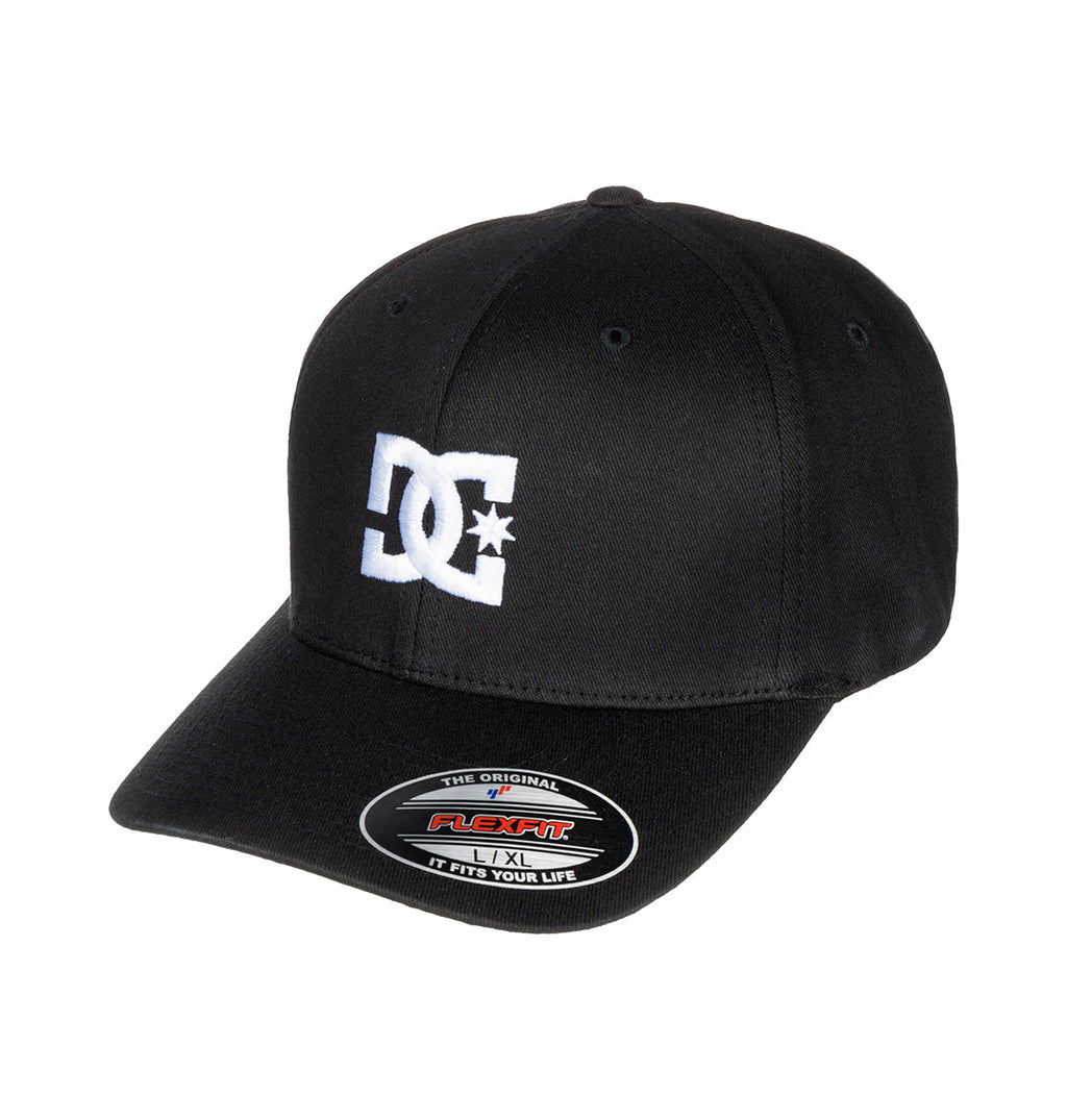 A black Men’s Star 2 Stretch Fit Cap by DC Shoes, featuring the iconic white DC Shoes logo on the front and an XL size sticker on the curved brim for a classic skate-inspired look.