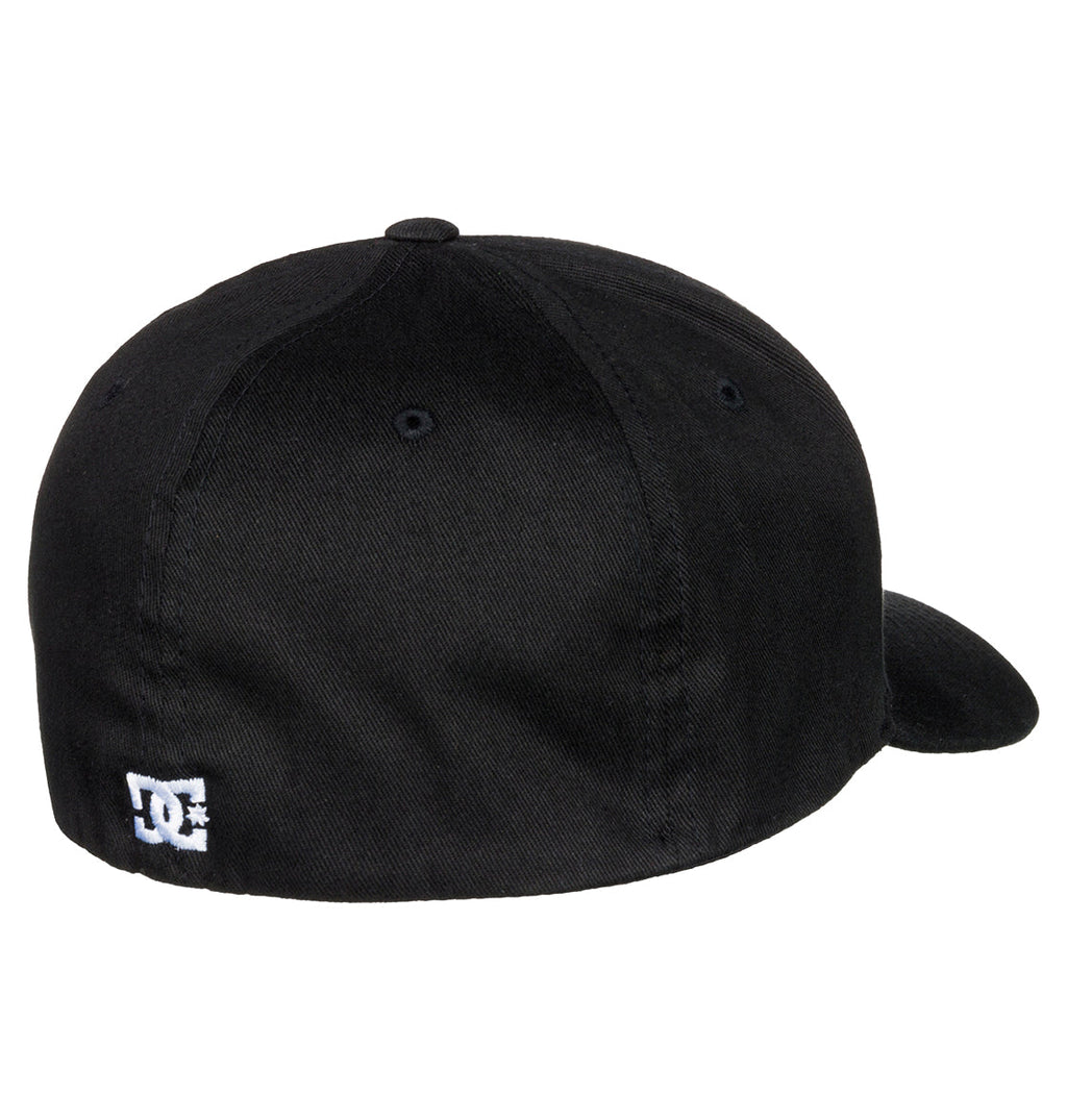 A rear view of the Men’s Star 2 Stretch Fit Cap by DC Shoes in black, highlighted by a small white embroidered DC logo near the bottom edge for a subtle touch of skate-inspired branding.