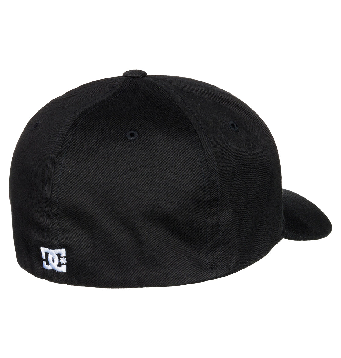 A rear view of the Men’s Star 2 Stretch Fit Cap by DC Shoes in black, highlighted by a small white embroidered DC logo near the bottom edge for a subtle touch of skate-inspired branding.