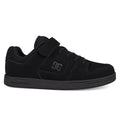 The Kids’ Manteca 4 V Shoes by DC Shoes feature a black suede upper with durable construction, a Velcro strap, laces, and the signature DC logo on the side. Displayed in a side profile against a white background, these sneakers offer kid-friendly style and long-lasting wear.