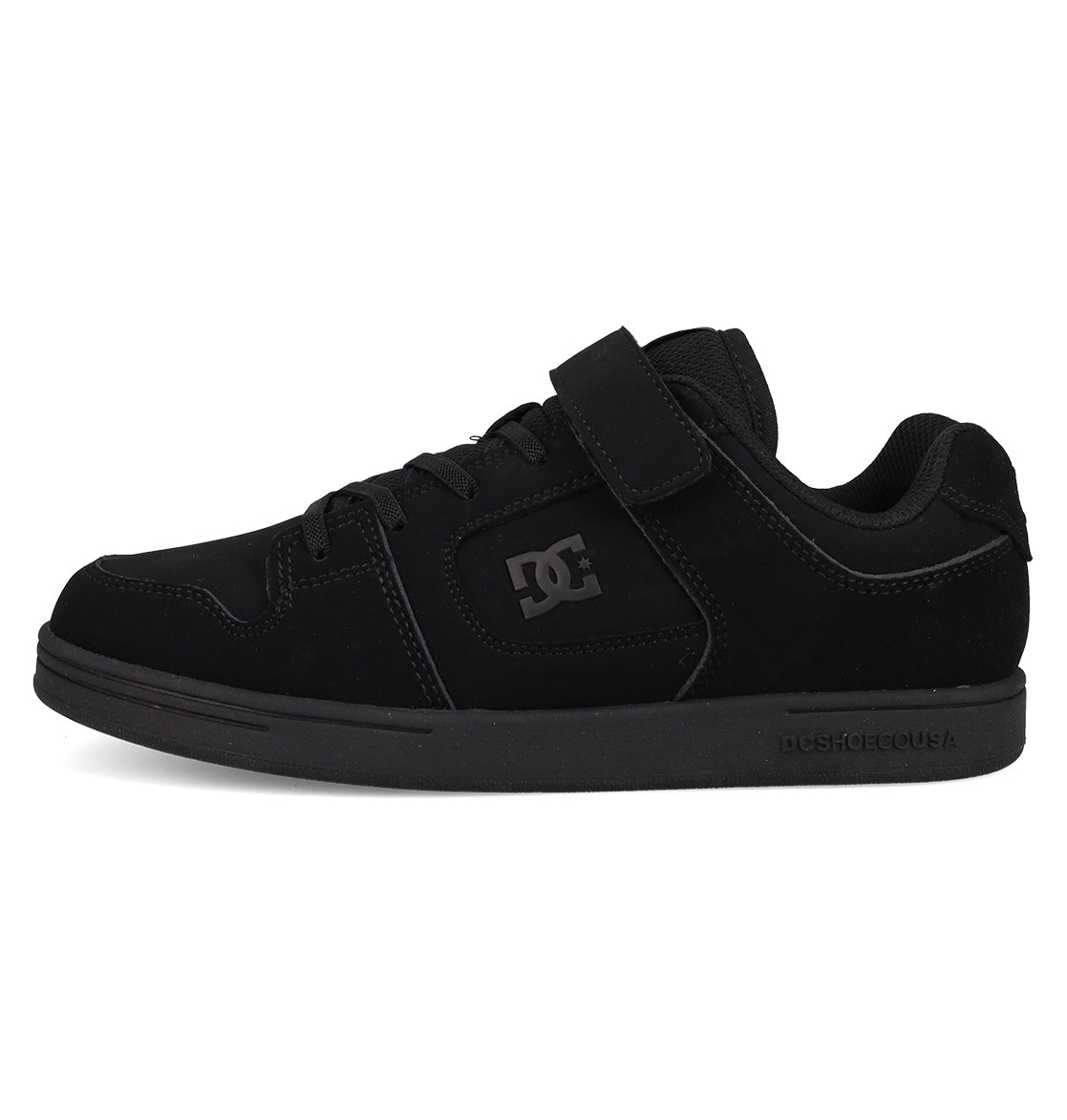 The Kids’ Manteca 4 V Shoes by DC Shoes are black skate sneakers for kids, designed with durable suede, a lace-up front and hook-and-loop strap, the DC Shoes logo on the side, and a flat rubber sole built to last.