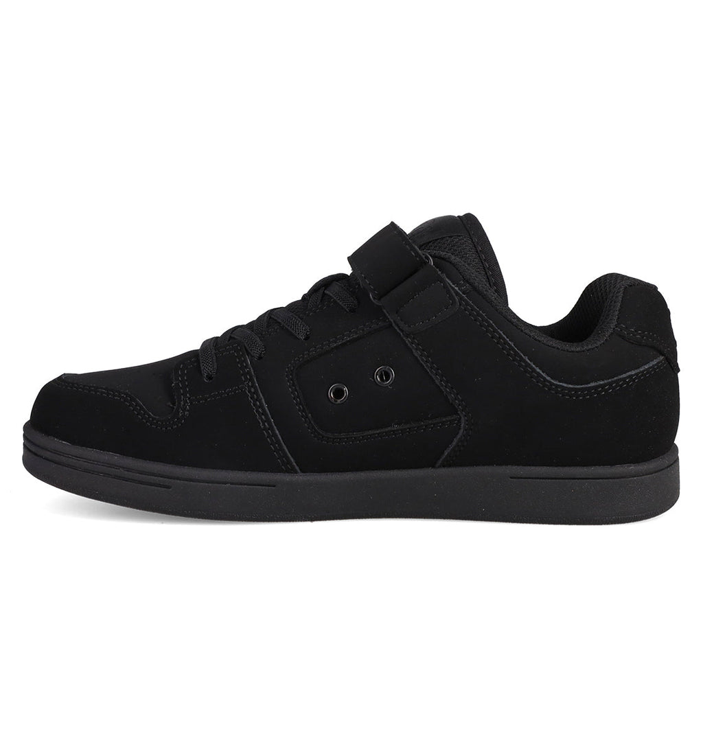 The DC Shoes Kids’ Manteca 4 V Shoes, featuring a black suede upper with laces and a Velcro strap, are displayed in a side profile against a plain white background.