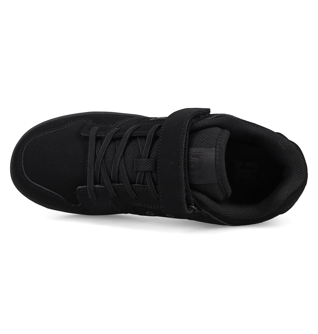 Top view of the DC Shoes Kids’ Manteca 4 V, a black sneaker designed for kids, featuring laces and a hook-and-loop strap across the upper, a padded tongue, cushioned and textured interior, and durable suede accents that echo the classic Manteca skate shoe style.