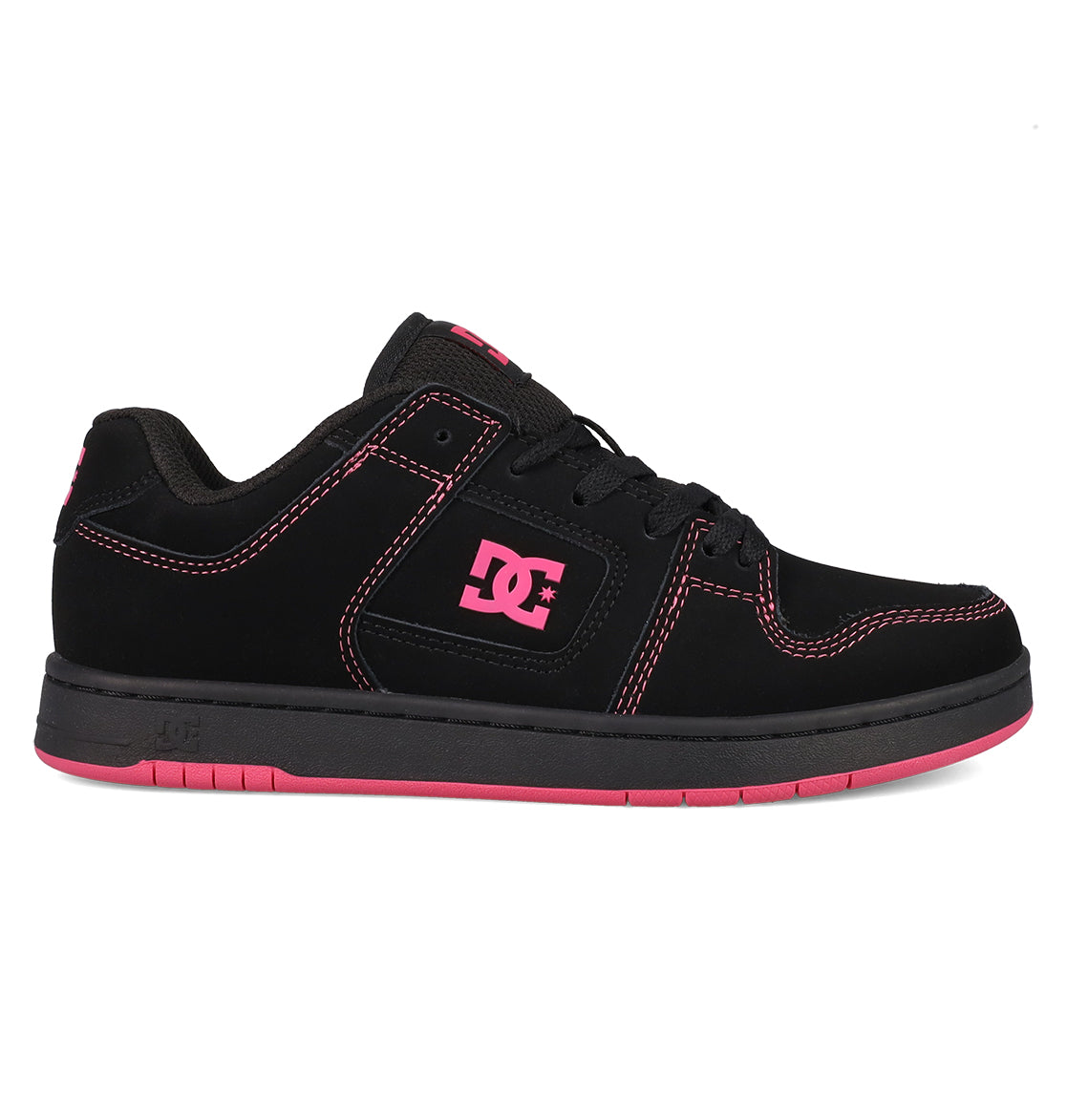 The Women's Manteca 4 Shoes by DC Shoes feature a black design with pink stitching, a pink DC Shoes logo on the side, and a black and pink sole.