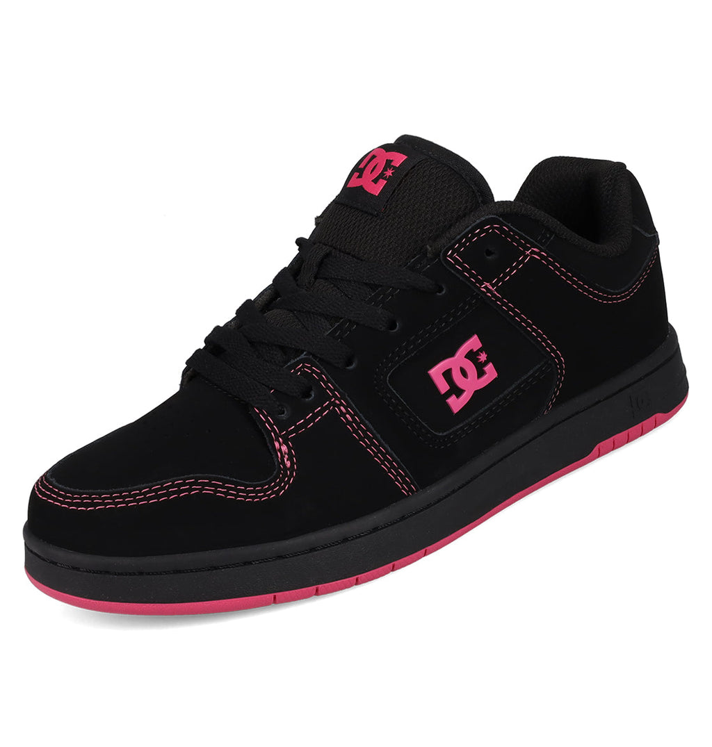 The Women's Manteca 4 Shoes by DC Shoes are black skate shoes with pink stitching, logo, and sole trim, shown from a side angle on a white background.
