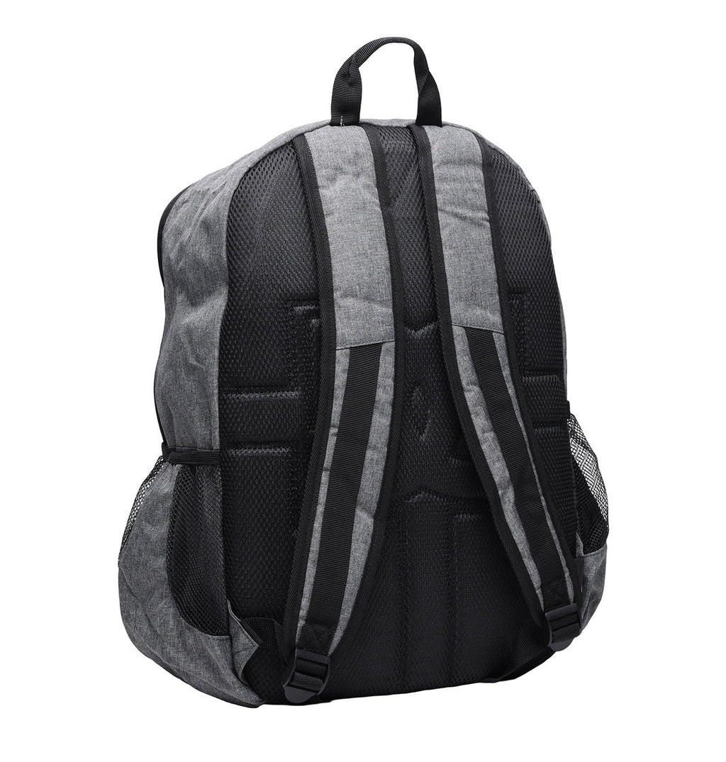 The DC Shoes Locker Backpack is displayed from the back, featuring a gray design with black mesh pockets and padded shoulder straps. It includes a small loop handle at the top, a straightforward, functional layout, and a padded laptop sleeve for convenience.