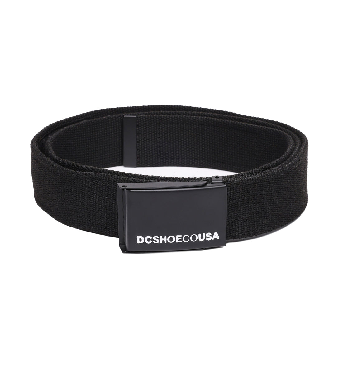 The DC Stash Web Belt by DC Shoes is a black fabric belt with a rectangular black buckle that has “DCSHOECOUSA” printed in white on the front, and it features an adjustable web design for a comfortable fit.