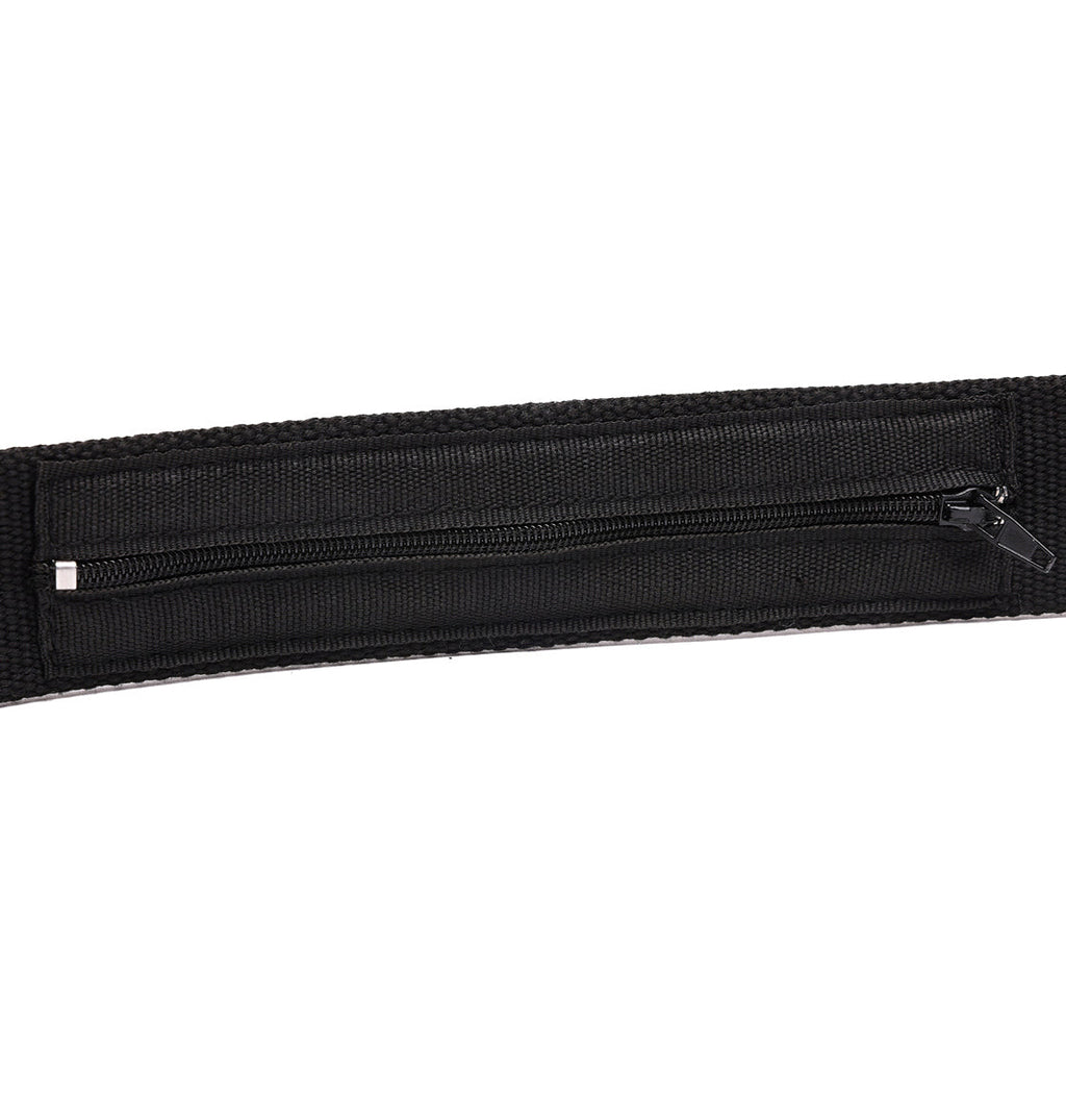 Close-up of the DC Shoes DC Stash Web Belt in black, showcasing its woven, sturdy fabric and a horizontal zipper stash pocket with the metal closure partially open on the right side.