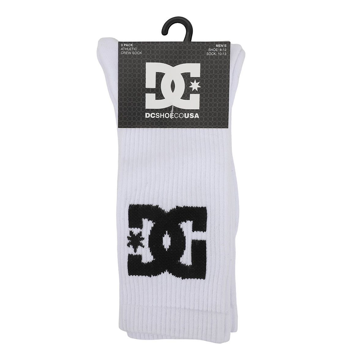 DC Shoes Big Star Logo Crew Socks 3-Pack in white with black DC logos, displayed on a black hook in branded packaging.