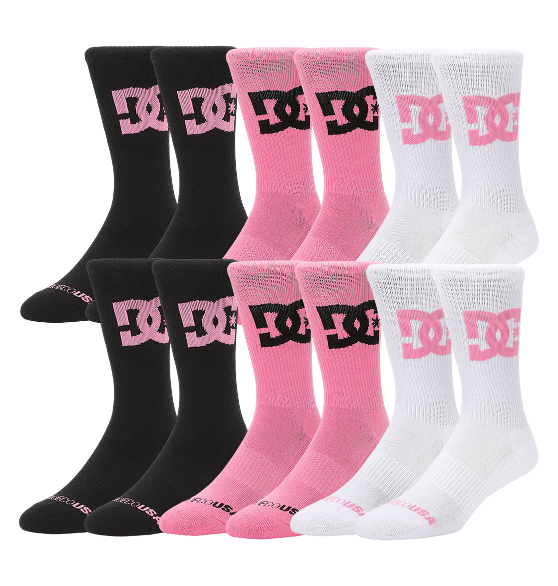 The DC Shoes Big Star Logo Crew Socks 3-Pack includes three pairs—one each in black, pink, and white—with a bold logo near the top.