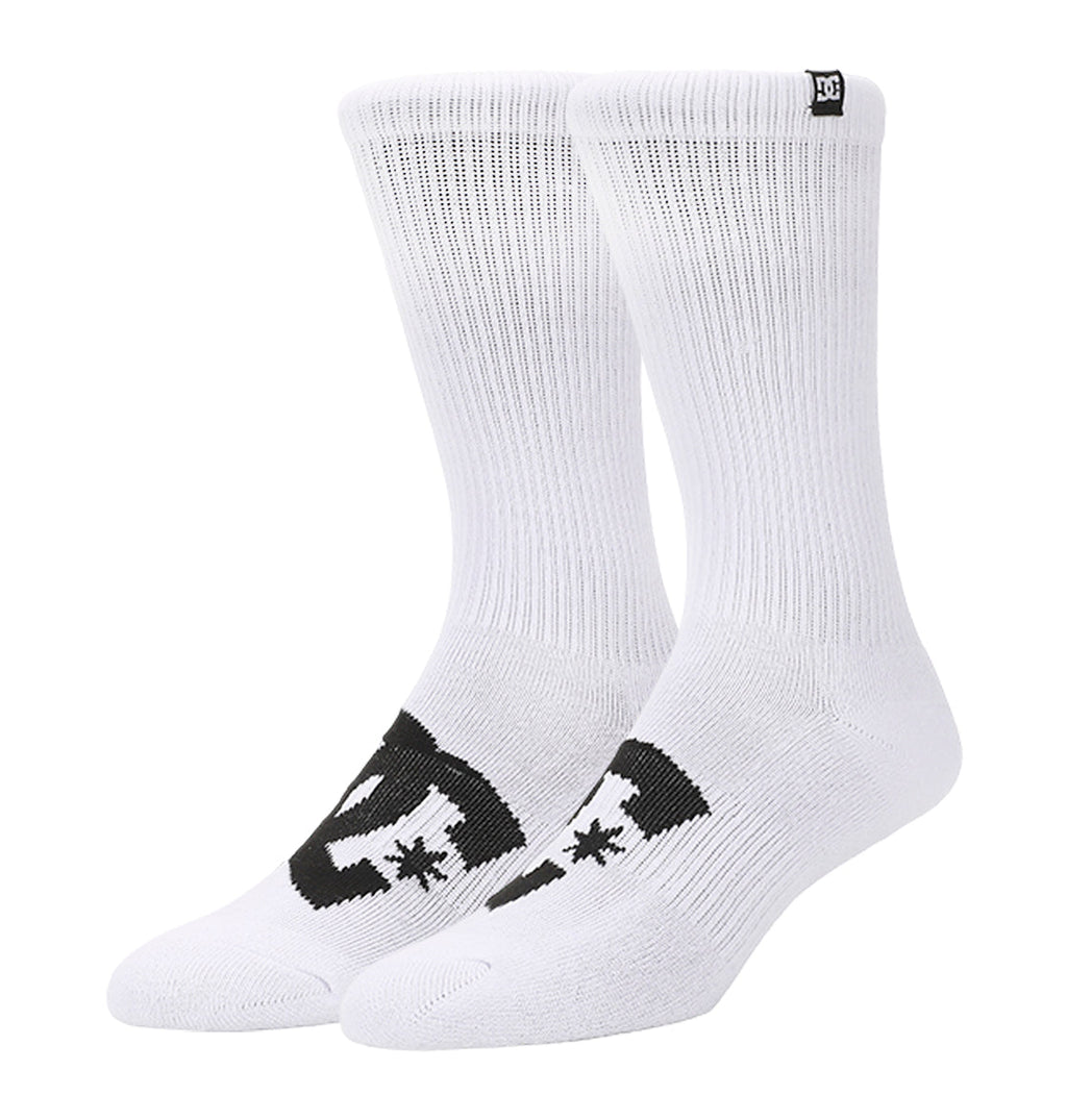 DC Shoes Logo Crew Socks 6-Pack features white ribbed crew socks for men with bold black DC Shoes logo and star on top, built-in arch support, and a small black tag near the cuffs for added style.