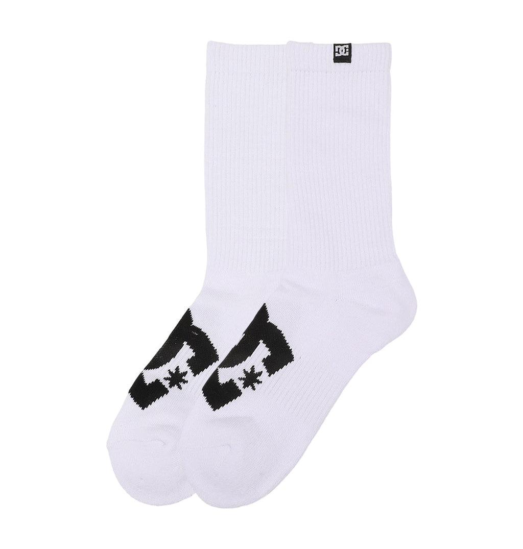 A 6-pack of DC Shoes Logo Crew Socks for men in white, featuring arch support and a bold black logo with star design on top. The socks are shown laid flat side by side, logo facing up.