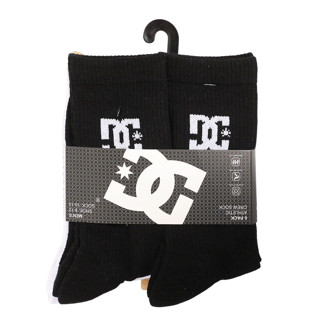A 6-pack of DC Shoes crew socks in black, partially visible beneath a gray label with the white DC Shoes logo, displayed on a black plastic hanger.