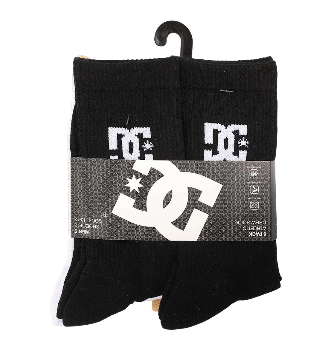 A 6-pack of DC Shoes crew socks in black, partially visible beneath a gray label with the white DC Shoes logo, displayed on a black plastic hanger.