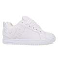 The Men’s Court Graffik Shoes by DC Shoes feature a white low-top design with white laces, minimal stitching, and a prominent embossed DC Shoes logo on the side. Inspired by the iconic DC Court Graffik chunky skate shoes, this style offers a flat sole and a simple, clean look—ideal for anyone who values comfort paired with classic streetwear appeal.