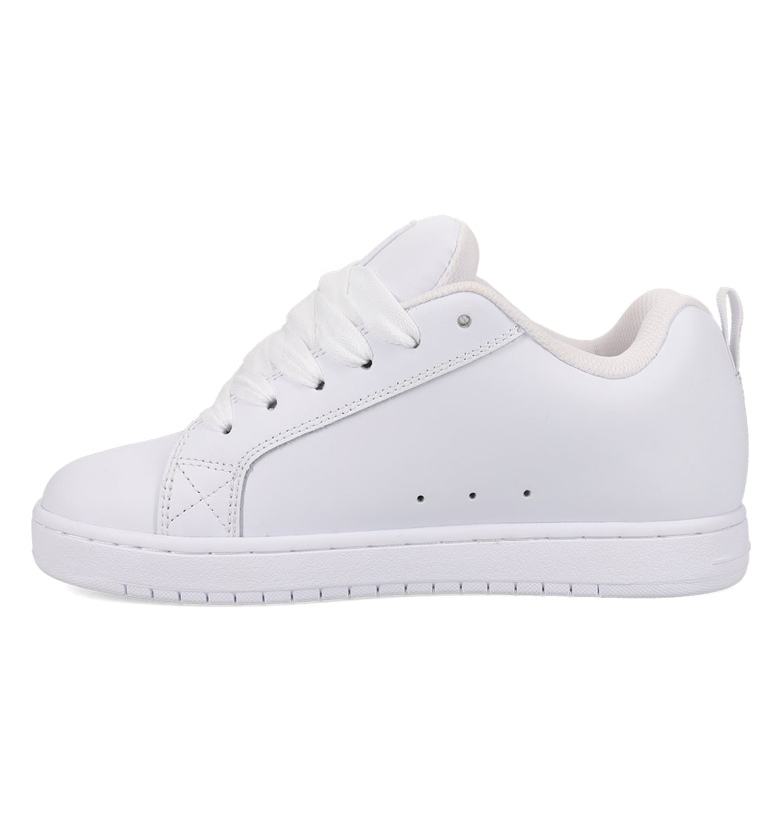 The Men’s Court Graffik Shoes by DC Shoes are white low-top sneakers with white laces and a white sole, showcased from a side view on a plain white background and inspired by the classic chunky skate shoe style.
