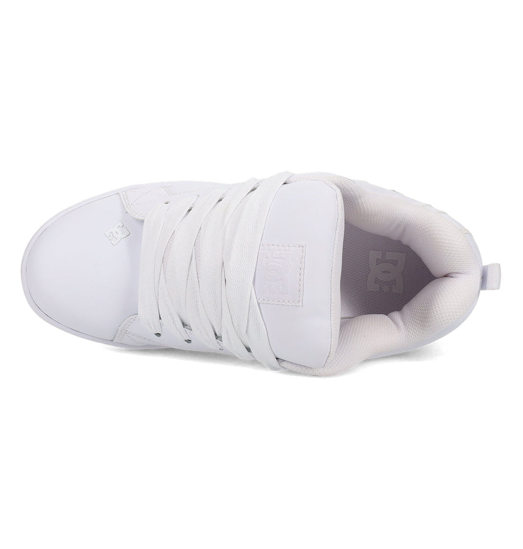 Top view of the DC Shoes Men’s Court Graffik Shoes in white, featuring thick white laces and a padded collar. The subtly visible DC logo appears on the tongue and inside, emphasizing the chunky skate shoe design.
