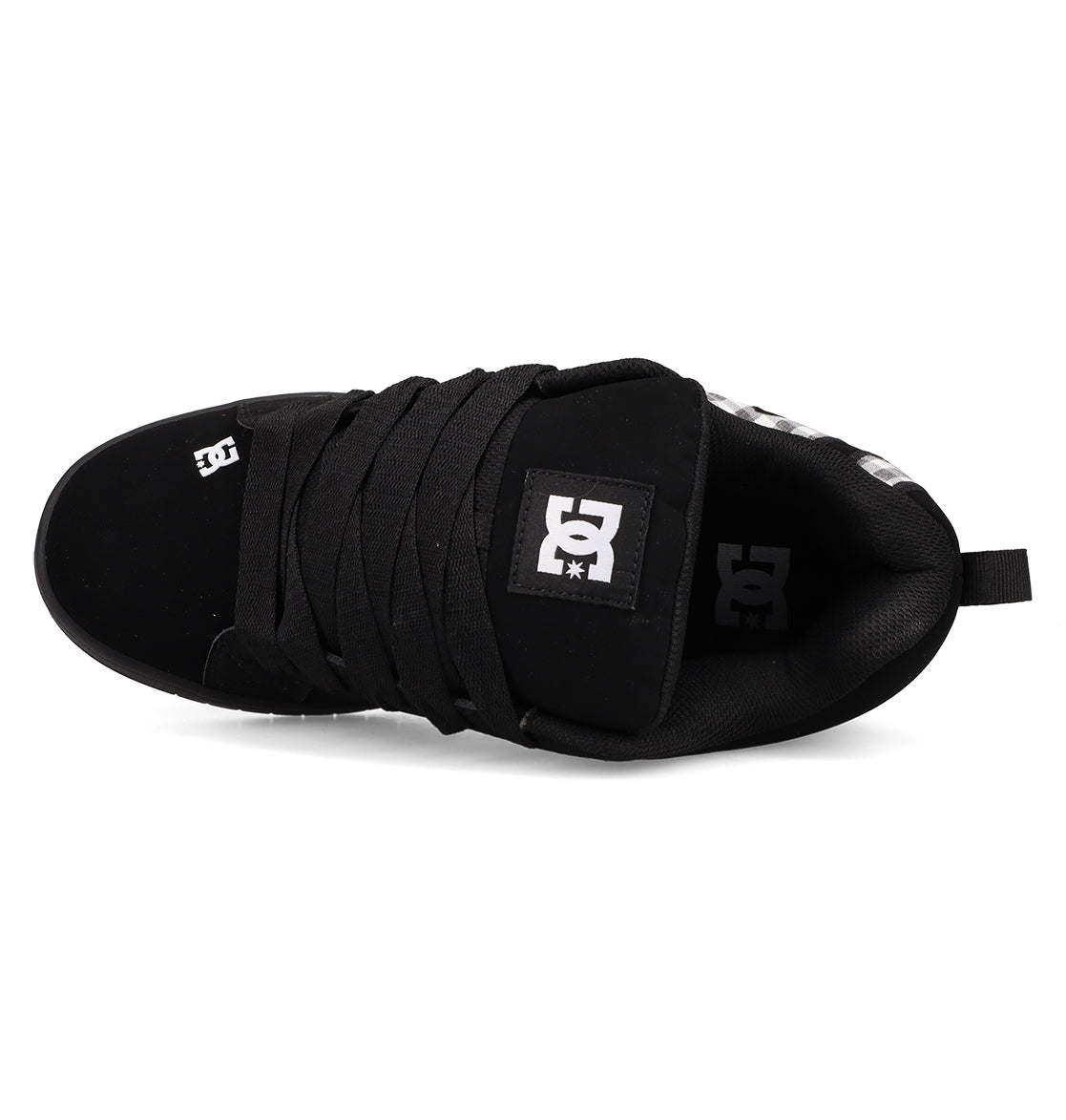Top view of the Men's Court Graffik Shoes by DC Shoes in black, featuring a classic puffy silhouette, thick black laces, and the DC logo in white on the tongue and inner sole.