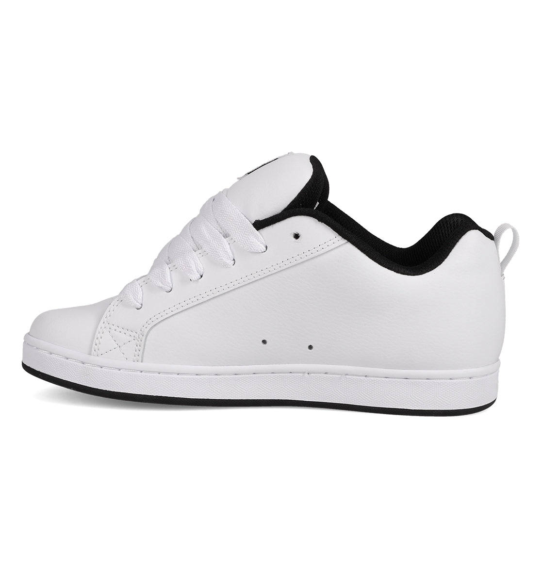 A side-profile image features the Women’s Court Graffik Shoes by DC Shoes—a white, low-top sneaker for women with white laces and a black inner lining. Shown on a plain white background, this design channels chunky ’90s-inspired style for a retro look.