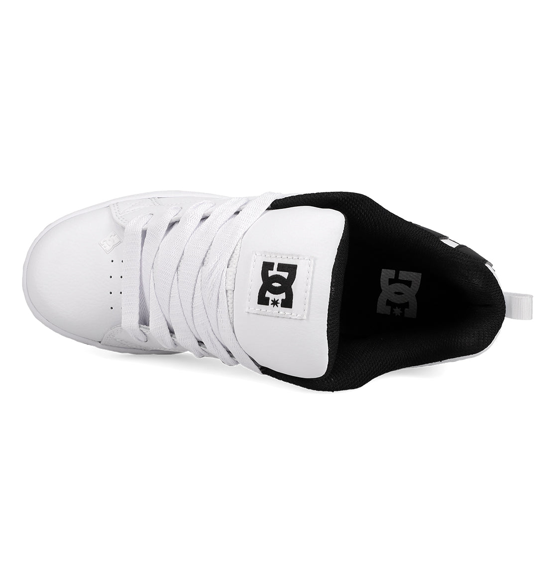 Top view of the Women’s Court Graffik Shoes by DC Shoes, featuring white laces, a black inner lining, and the DC Shoes logo in black on both the tongue and inside. With their chunky ’90s-inspired design, these sneakers offer a combination of comfort and bold streetwear style.