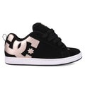 The Women's Court Graffik Shoes by DC Shoes feature a puffy silhouette, large metallic rose gold DC logo with star detail, black laces, and a white rubber sole in a low-top design.