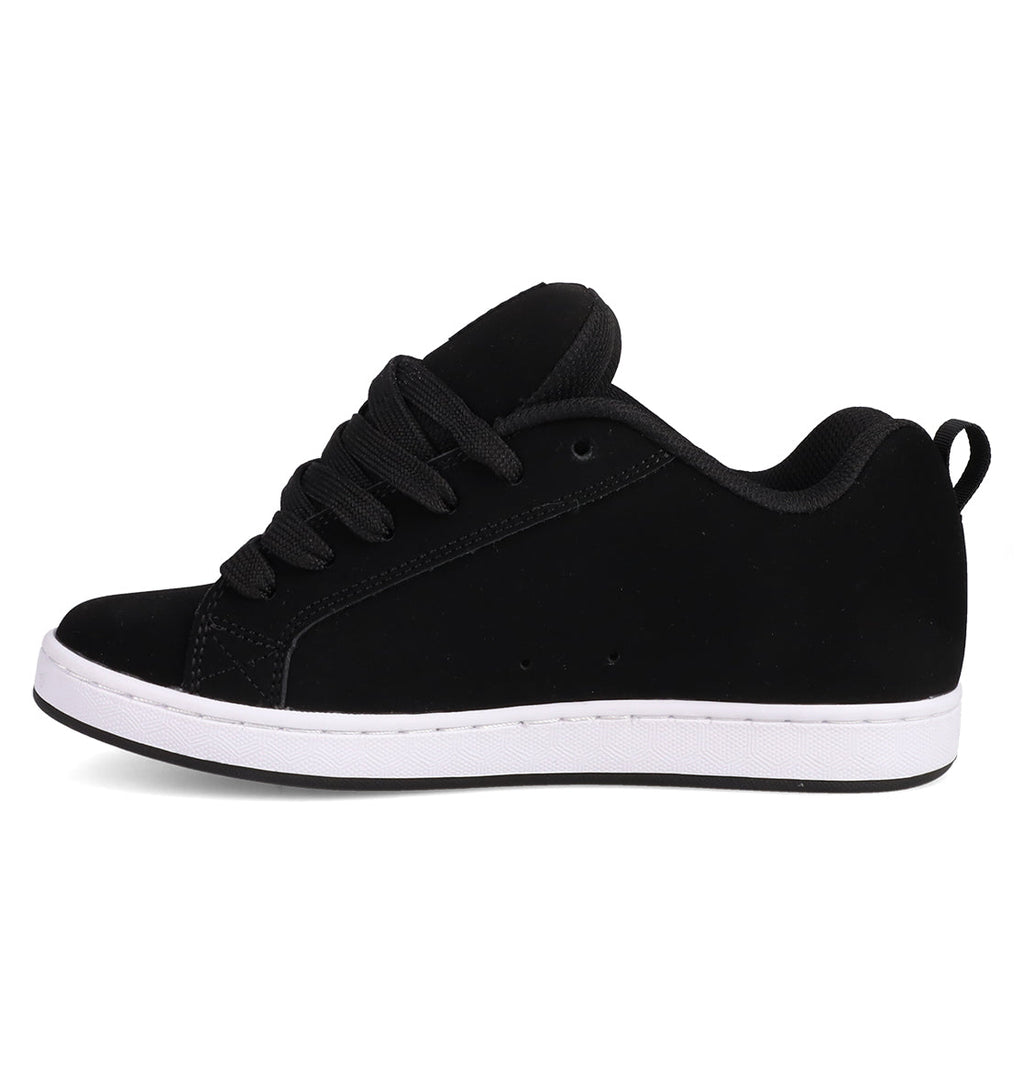 The Women's Court Graffik Shoes by DC Shoes are black sneakers with a puffy silhouette, black laces, a low profile, and a white rubber sole, shown in side view against a white background.