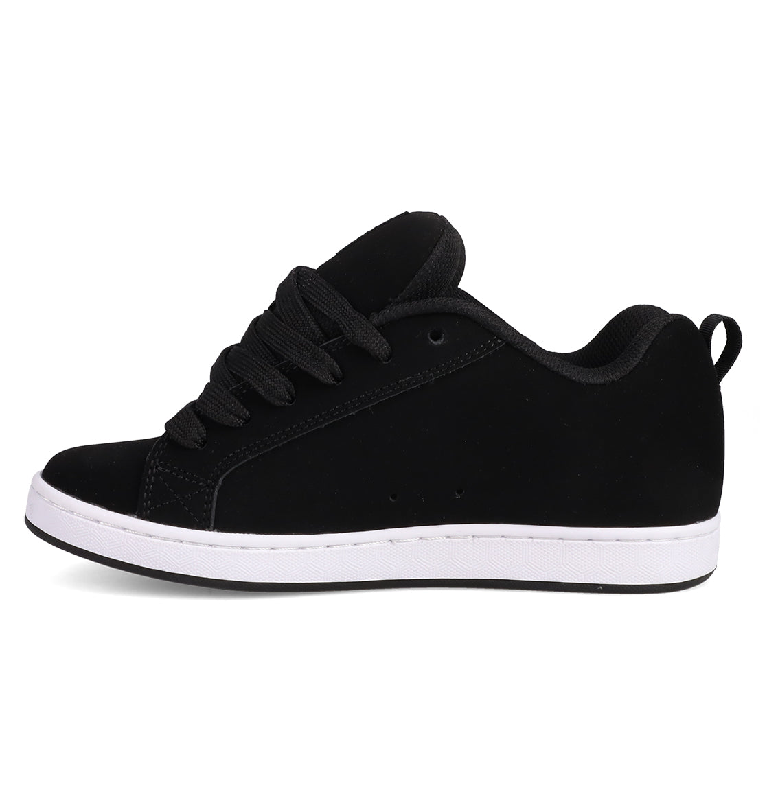The Women's Court Graffik Shoes by DC Shoes are black sneakers with a puffy silhouette, black laces, a low profile, and a white rubber sole, shown in side view against a white background.