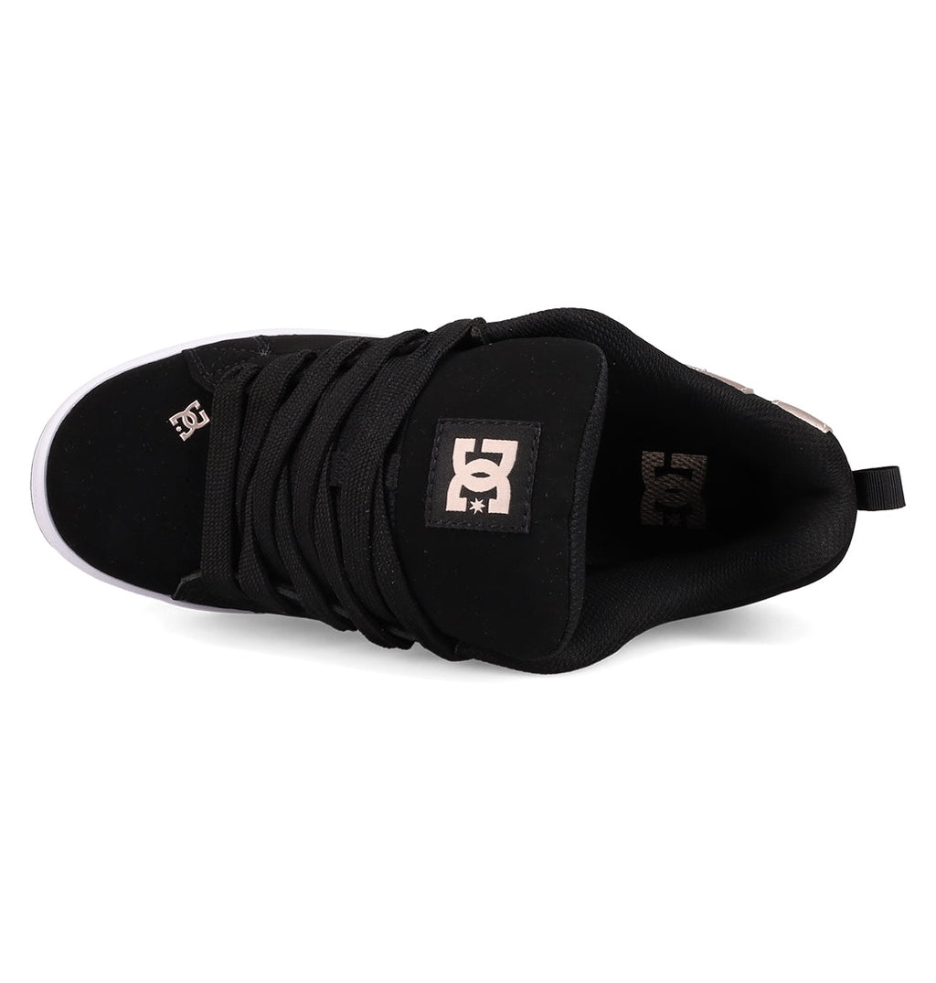 Top view of the Women's Court Graffik Shoes by DC Shoes in black, featuring a puffy silhouette, white DC logo on the tongue and insole, black laces, low-top design, and a white sole edge at the front.