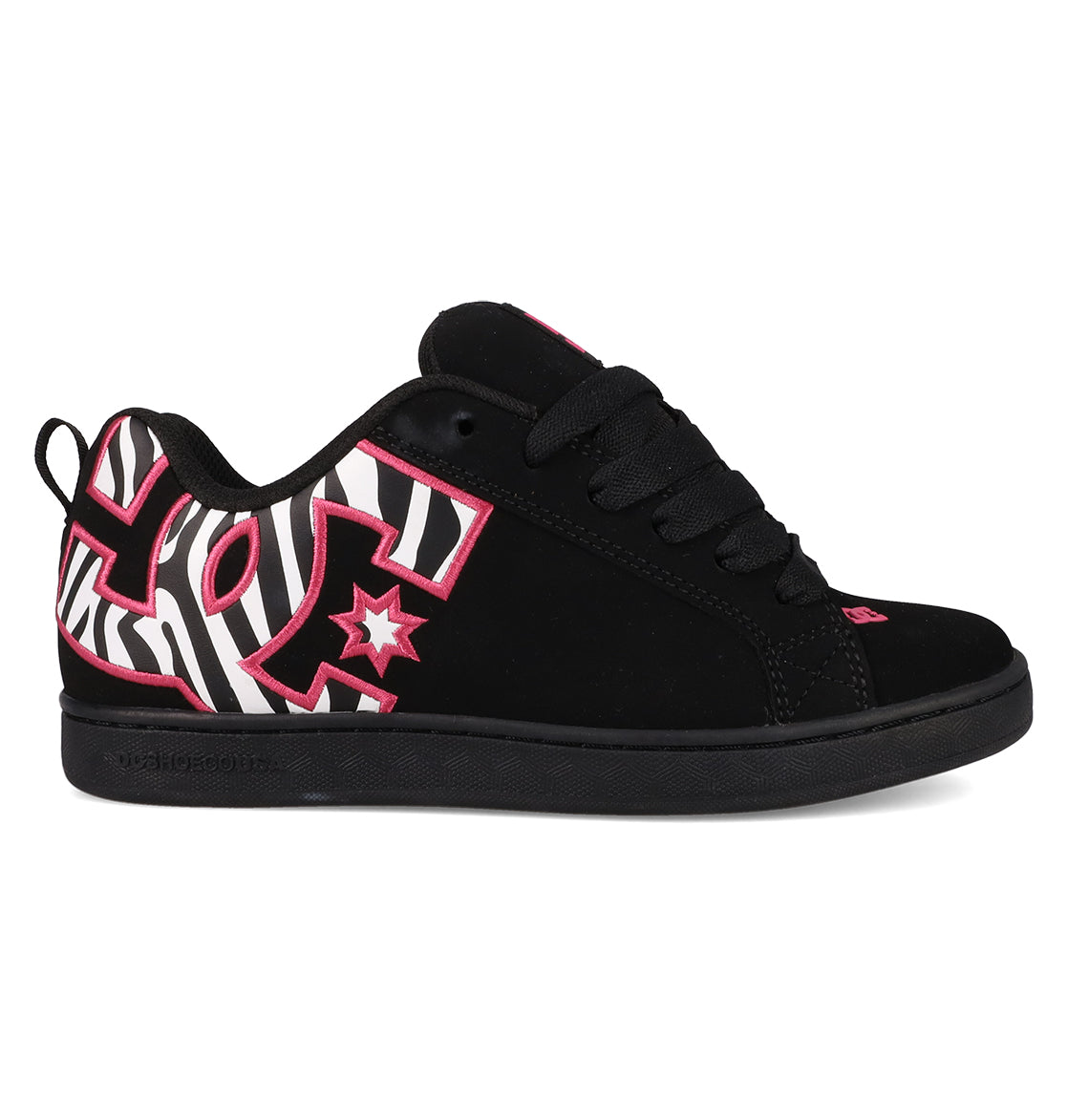 The DC Shoes Women's Court Graffik Shoes are black skate shoes with a puffy silhouette, black laces, a bold zebra stripe pattern, and pink DC logo and accents on the tongue and heel.
