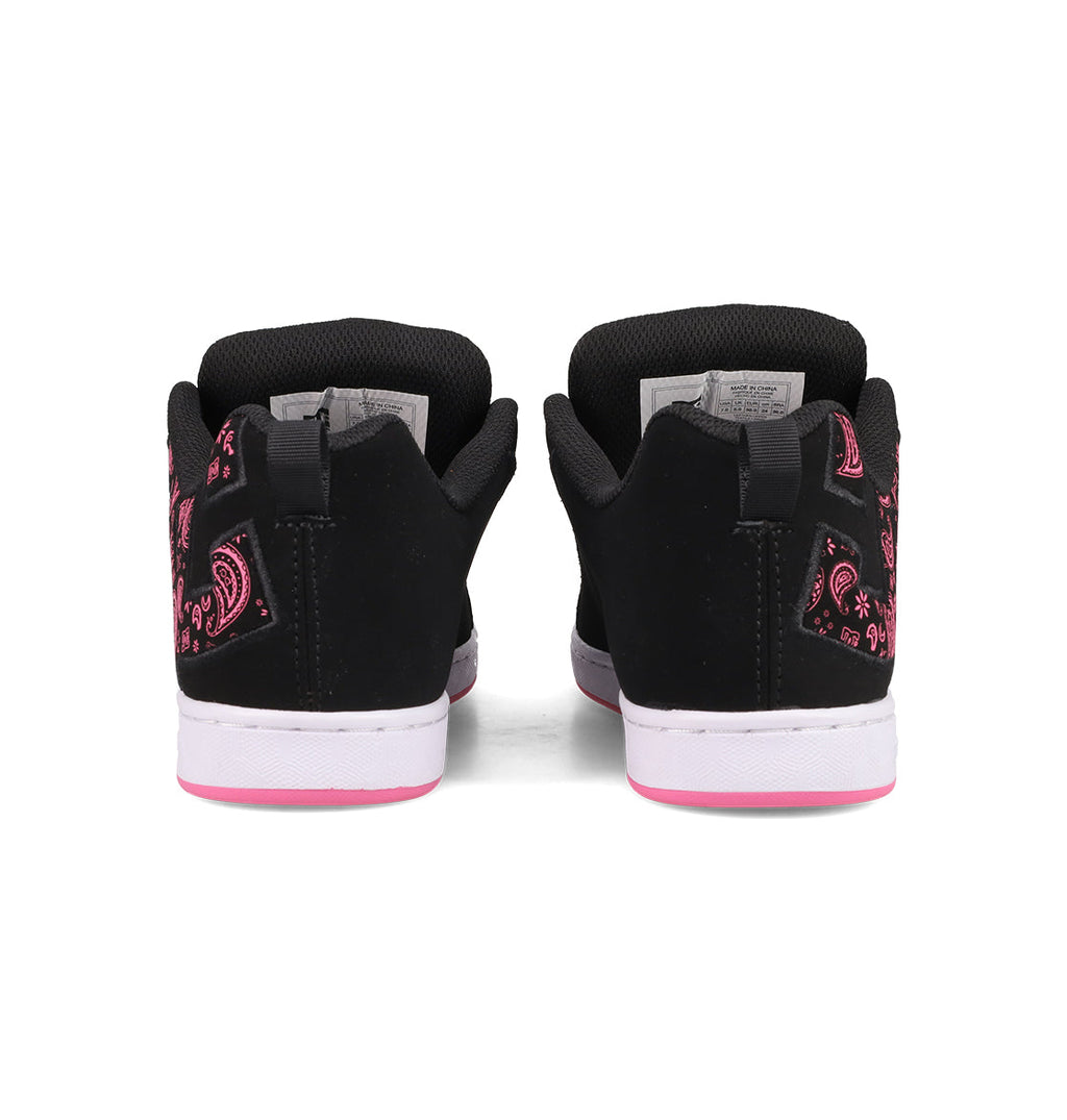 Women's Court Graffik Shoes by DC Shoes in black, featuring pink and white accents. The classic puffy silhouette has a pink paisley heel pattern and a white sole with a pink stripe near the bottom, shown from the back.