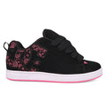 The DC Shoes Women's Court Graffik features a black puffy silhouette, pink paisley and celestial designs on the heel and side, thick black laces, a white sole with pink accents, and a bold DC logo.