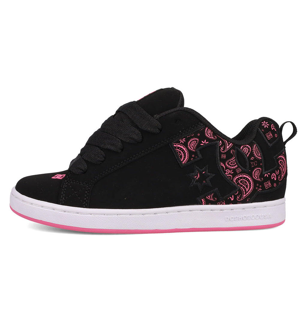 The Women's Court Graffik Shoes by DC Shoes feature a puffy black silhouette with thick black laces, pink paisley side and heel accents, a bold DC logo, and a white sole highlighted with pink.