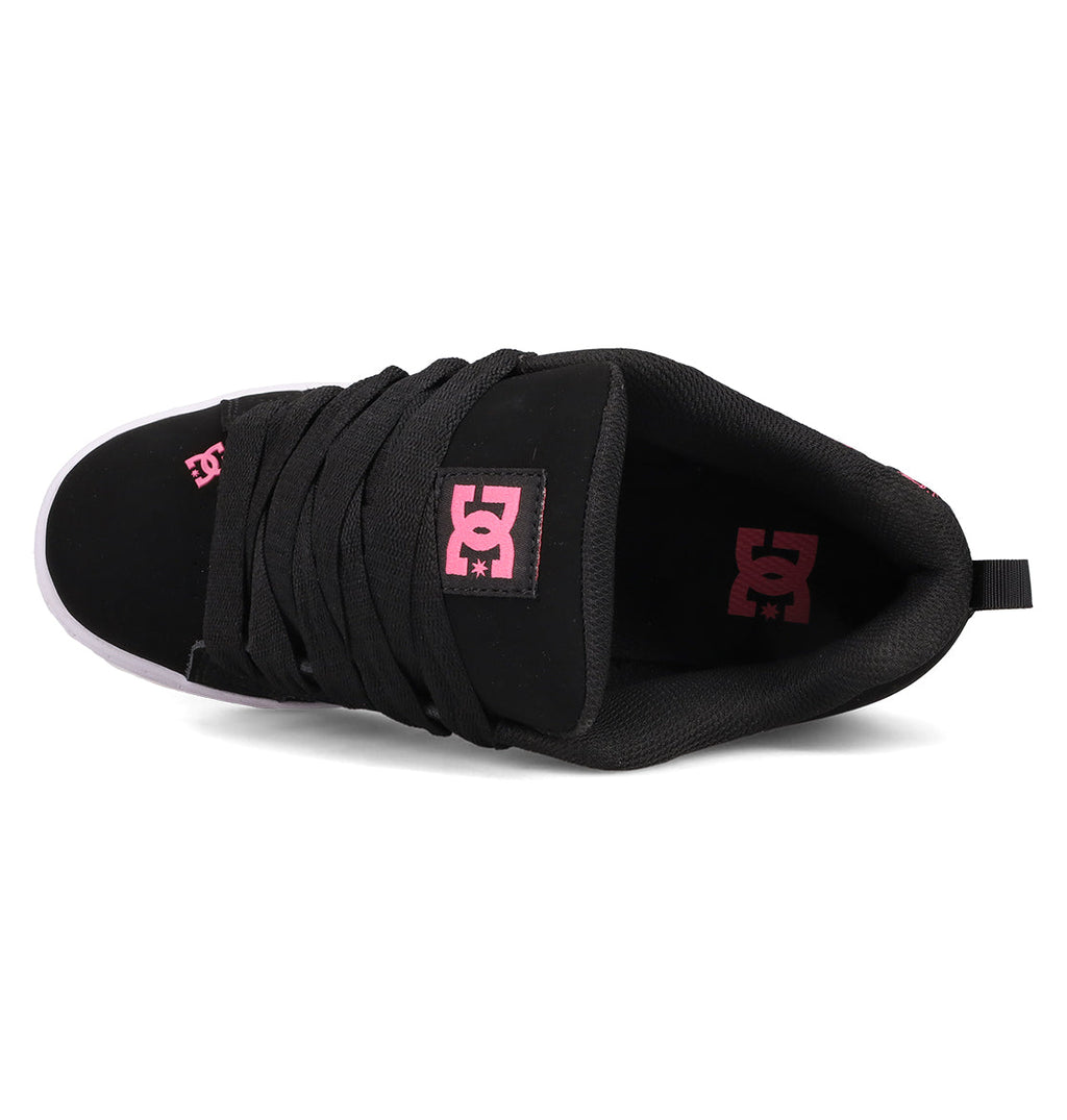 Top view of the Women's Court Graffik Shoes by DC Shoes featuring a classic puffy silhouette, black laces, and pink DC logos on the tongue and inner sole. Includes a padded collar and heel pull tab.