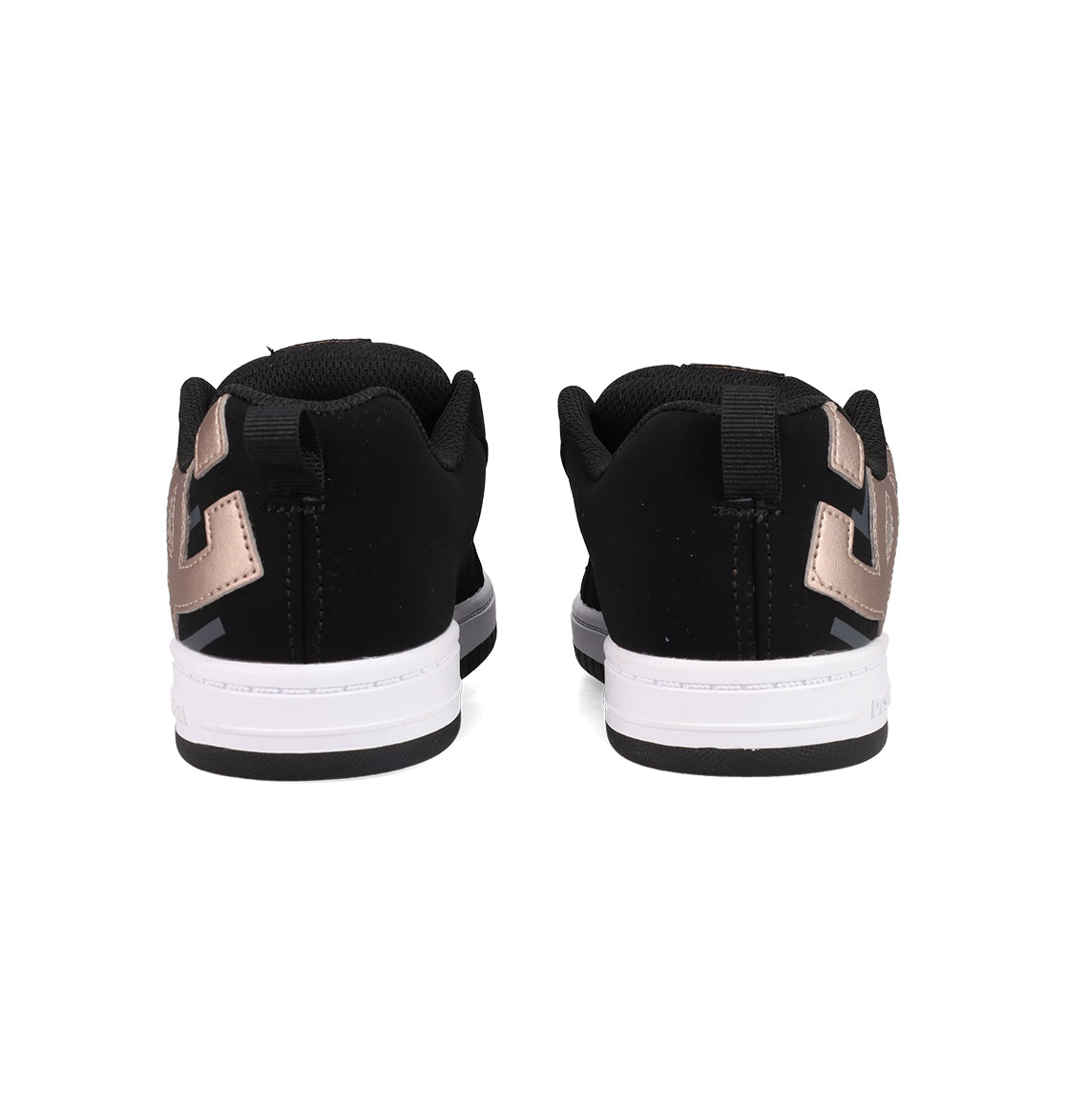 The Kids’ Court Graffik Shoes by DC Shoes are shown from the back in black and white with metallic accents, highlighting their classic puffy silhouette and detailed heel and sole against a white background.