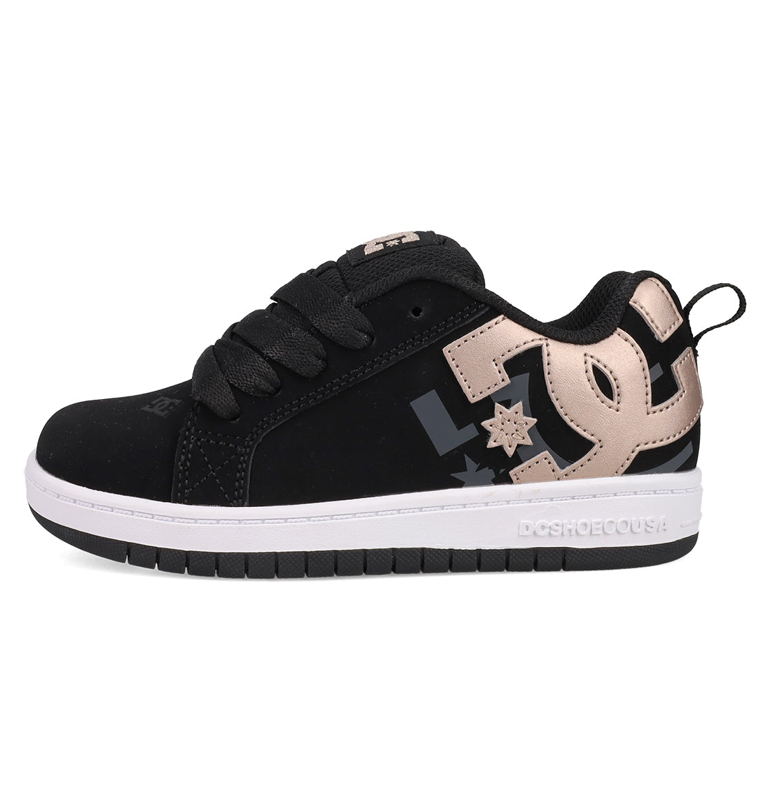 The Kids' Court Graffik Shoes by DC Shoes feature a classic puffy black skate silhouette with a white sole, thick black laces, metallic gold DC logo, heel pull tab, and Court Graffik branding on the tongue and sole.