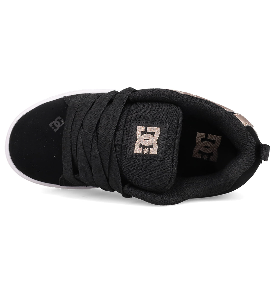 The Kids’ Court Graffik Shoes by DC Shoes are black skate shoes with a classic puffy silhouette, thick black laces, a padded tongue showcasing the beige DC logo, and beige logo accents on the mostly black upper.