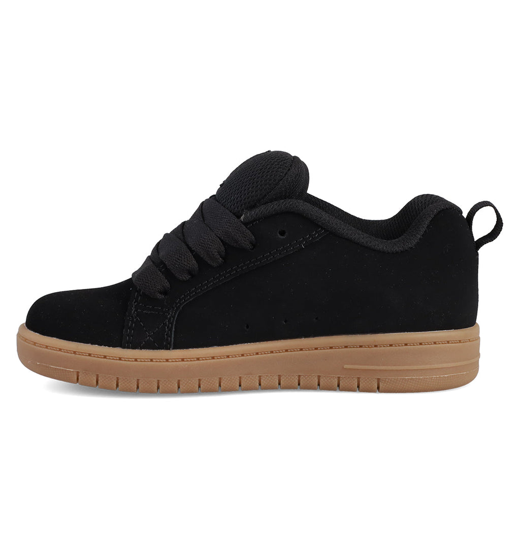 The Kids' Court Graffik Shoes by DC Shoes are black sneakers with thick laces, a puffy silhouette, a light brown rubber sole, and the iconic DC logo on the black upper, shown in side view on a white background.