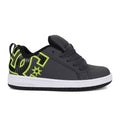 Introducing the DC Shoes Kids’ Court Graffik Shoes—a black and gray skate shoe highlighted by thick black laces, a crisp white sole, and neon yellow-green accents, including a bold star and large stylized lettering on the side. Designed with lightweight cushioning for added comfort and rubber details for superior impact absorption as your child rides.
