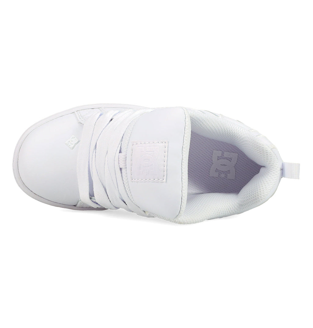Top view of the Kids' Court Graffik Shoes by DC Shoes in white, featuring white laces, padded tongue with loop at the heel, and DC Shoes logos on the tongue and insole—ideal for skate-inspired looks.