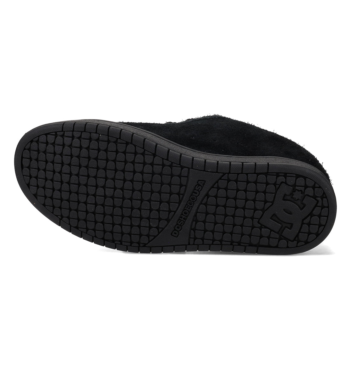 The black sole of the DC Shoes Men’s Court Graffik Special Edition is displayed, showcasing a textured tread pattern and the DC Shoes logo near the heel. This design enhances the signature puffy silhouette, offering both comfort and style.