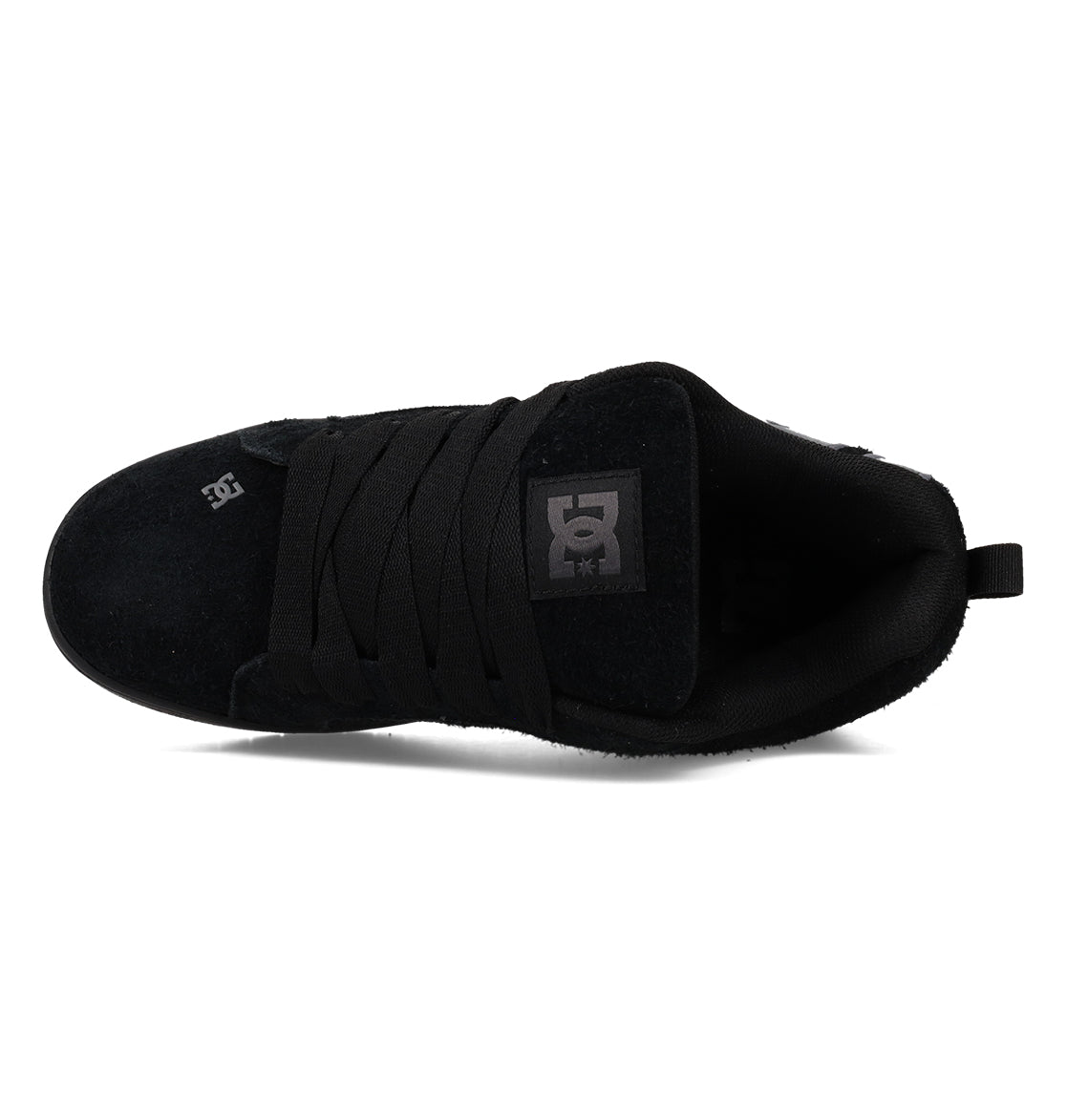 Top-down view of a black DC Shoes Men’s Court Graffik Special Edition skate sneaker featuring a puffy silhouette, black laces, suede upper, DC logo on the tongue patch and toe cap, and a two-tone sole, set against a white background.