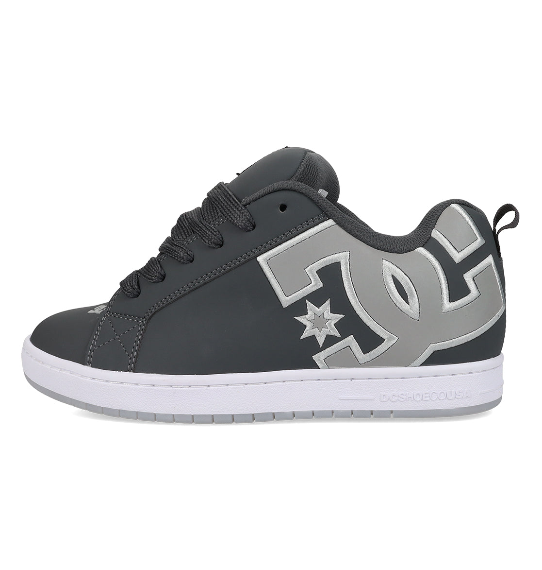 The Men’s Court Graffik Special Edition Shoes by DC Shoes feature a black and gray colorway, showcasing a large silver DC logo on the side, a puffy silhouette, black laces, and a white rubber sole.