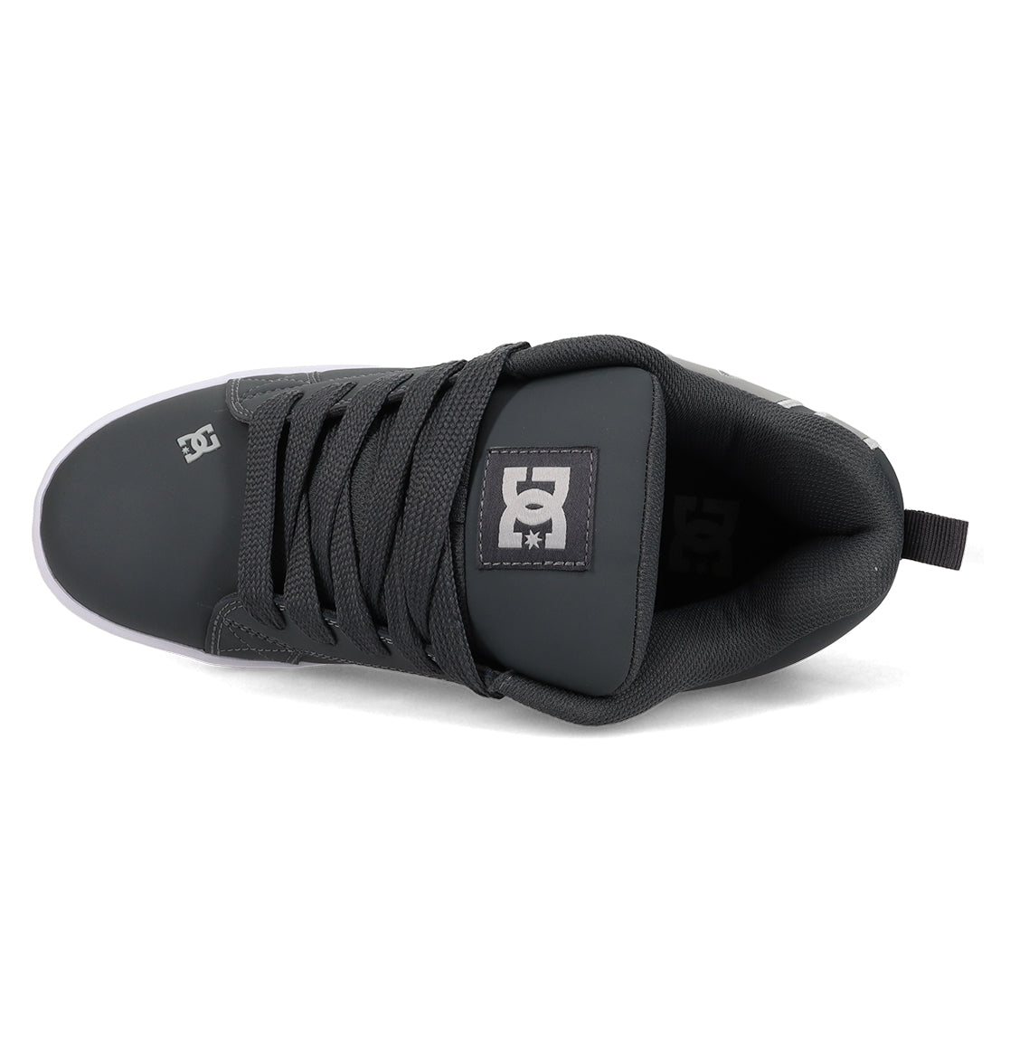 Top view of the Men’s Court Graffik Special Edition Shoe by DC Shoes, featuring a black colorway with matching laces and a signature DC Shoes logo on the tongue. This low-profile skate shoe sports the iconic puffy silhouette of the Court Graffik line and is equipped with a pull tab at the heel.